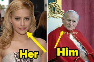Woman in sequined dress next to man in papal robes with captions "Her" and "Him"
