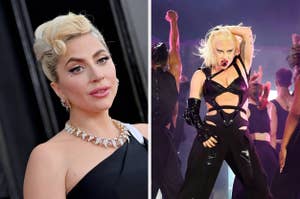 Lady Gaga on the red carpet in an elegant gown and styled hair; Lady Gaga performing on stage in a bold, edgy outfit with dramatic makeup