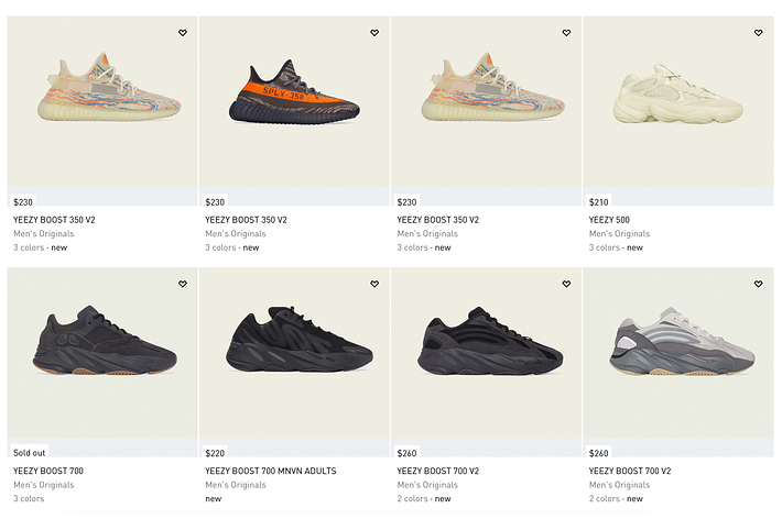 A selection of Yeezy Boost sneakers displayed in a grid. Models include Yeezy Boost 350 V2 and Yeezy Boost 700, with prices ranging from $220 to $300