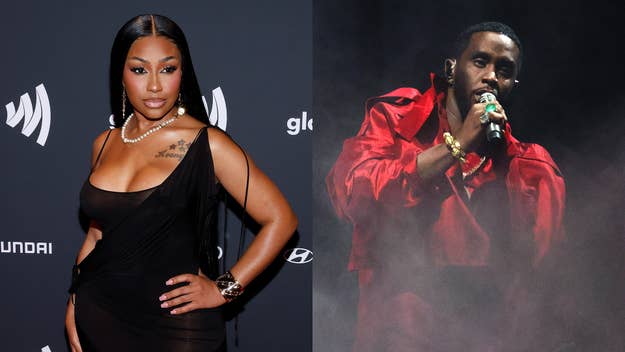 Yung Miami poses in a black dress on the red carpet with her hand on her hip; Diddy performs onstage wearing a red outfit, holding a microphone