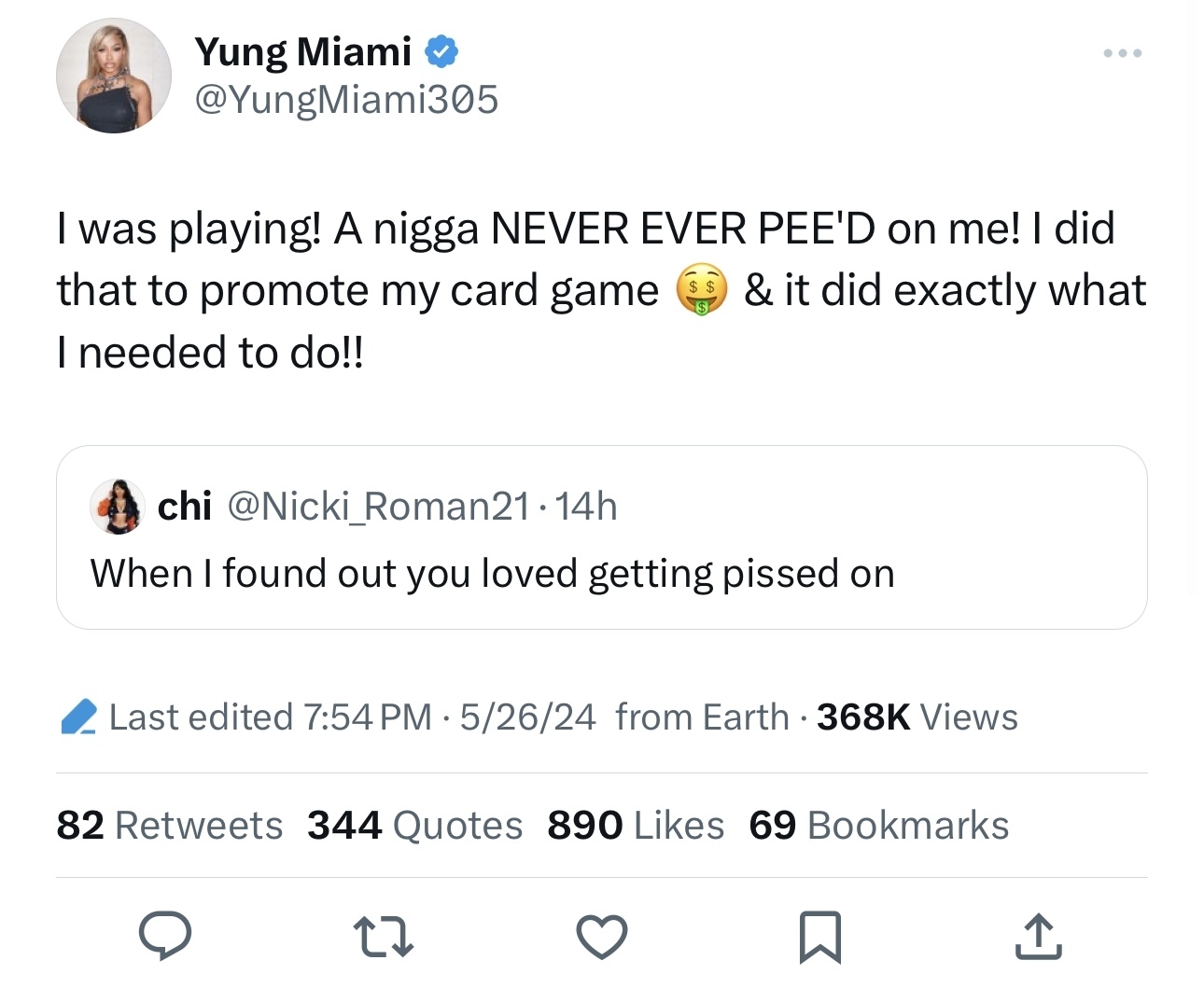 Tweet by Yung Miami denying a rumor and explaining the context of her previous statement, clarifying it was a joke to promote her card game. They respond to user @Nicki_Roman21