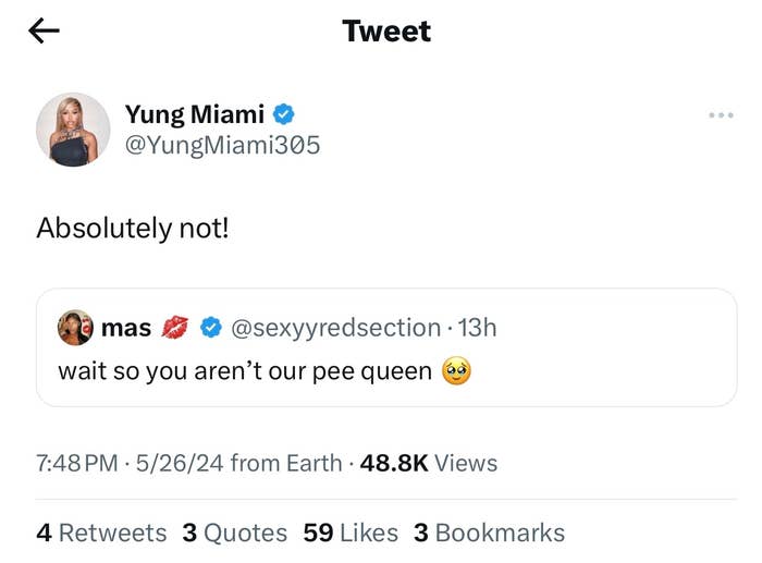 Tweet from Yung Miami (@YungMiami305) replying &quot;Absolutely not!&quot; to a tweet by mas (@sexyyredsection) asking, &quot;wait so you aren’t our pee queen ?&quot;