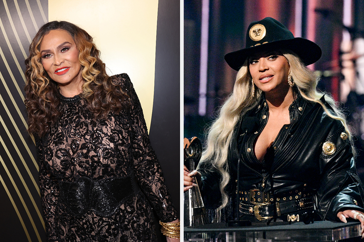 Tina Knowles wearing a lacy black dress and Beyoncé wearing a black outfit with a hat giving an award speech