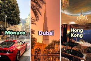 De izquierda a derecha, imágenes de Mónaco, Dubái y Hong Kong con sus icónicos paisajes urbanos y arquitectura. Texto sobreimpreso con los nombres de las ciudades