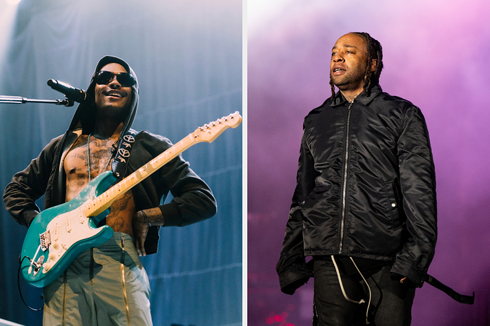 Wizkid performs playing electric guitar; Ty Dolla $ign stands on stage in a black jacket and pants