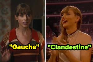 Split image of Taylor Swift. On the left shows her in casual wear labeled "Gauche." On the right, she's in formal wear, smiling and applauding, labeled "Clandestine."