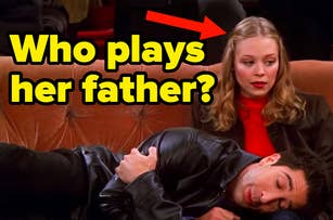 A scene from Friends TV show with Ross Geller (David Schwimmer) lying on the lap of a worried-looking Rachel Green (Jennifer Aniston), text asks "Who plays her father?"