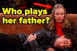 A scene from Friends TV show with Ross Geller (David Schwimmer) lying on the lap of a worried-looking Rachel Green (Jennifer Aniston), text asks "Who plays her father?"