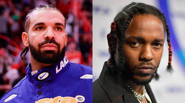 Drake in a blue Lakers jacket and Kendrick Lamar in a black suit with braided hair at a music event