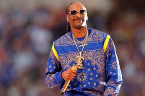 Snoop Dogg wearing a patterned sweatshirt and sunglasses, holding a microphone, performing on stage