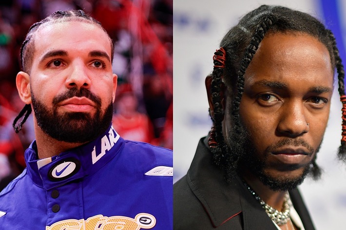 Drake in a blue jacket and Kendrick Lamar in a dark suit with a chain necklace