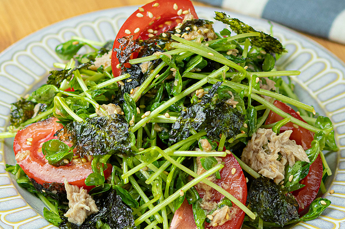 彩り豊かなサラダが皿に盛り付けられており、トマト、ツナ、のり、豆苗が見られる。