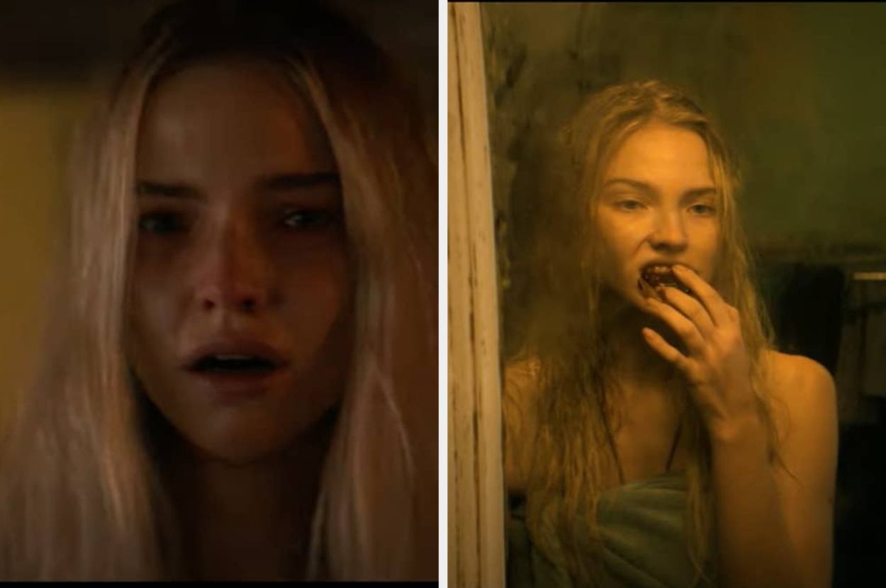 Two stills from Latency show Sasha Luss distressed in close-up, and touching her bloodied mouth in the mirror after a shower