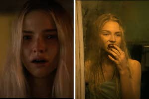 Two stills from Latency show Sasha Luss distressed in close-up, and touching her bloodied mouth in the mirror after a shower
