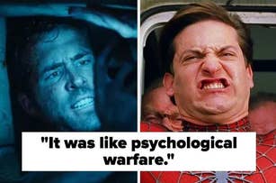 Left image: Arnold Schwarzenegger looks concerned in "Terminator". Right image: Tobey Maguire as Spider-Man looks strained. A quote reads, "It was like psychological warfare."