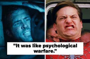 Left image: Arnold Schwarzenegger looks concerned in "Terminator". Right image: Tobey Maguire as Spider-Man looks strained. A quote reads, "It was like psychological warfare."