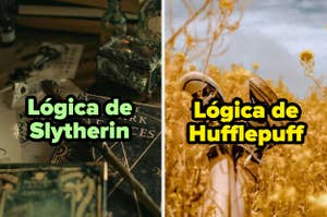 A la izquierda, libro y varita en un escritorio con el texto "Lógica de Slytherin". A la derecha, pies en un campo de flores con el texto "Lógica de Hufflepuff"
