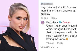 Paris Hilton, wearing an elegant black outfit, responds humorously to a comment on social media about her outfit being on backwards