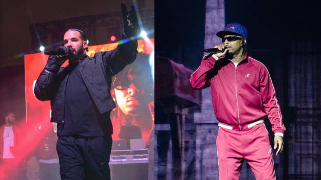 Drake in black jacket and pants, performing on stage holding a microphone. Swae Lee in a red tracksuit and hat, singing into a microphone on stage