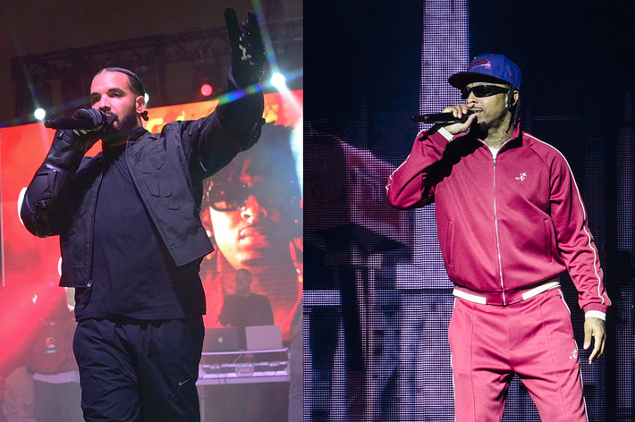 Drake in black jacket and pants, performing on stage holding a microphone. Swae Lee in a red tracksuit and hat, singing into a microphone on stage