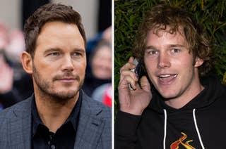 Chris Pratt shown left with short hair and facial stubble, wearing a grey jacket, and right with curly hair, no facial hair, holding a phone, wearing a black hoodie