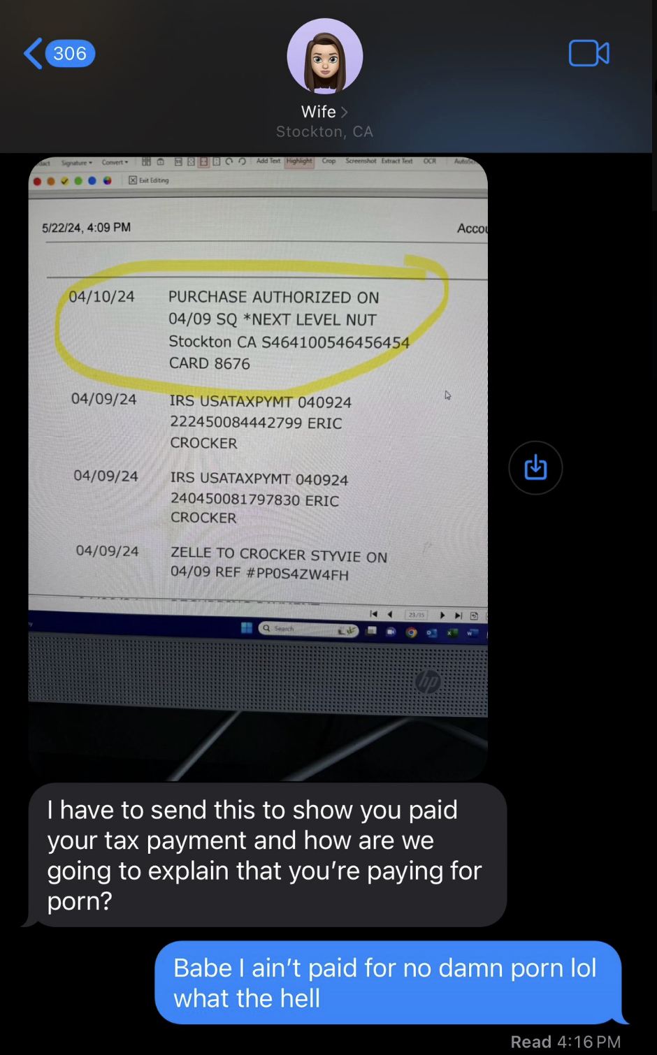 Text message exchange between two people. The first message shows a bank transaction to Next Level Nut. The second message questions paying for porn