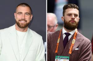 Travis Kelce, smiling in light suit, and Jason Kelce, in maroon suit with lanyard, are seen side by side in separate images