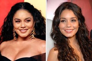 Vanessa Hudgens smiles at two different events, wearing a black off-shoulder dress in one and a sleeveless dress in the other