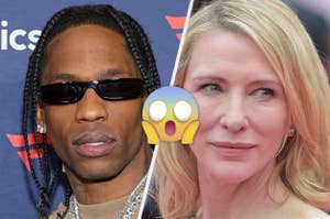 Travis Scott with braided hair and black sunglasses next to Cate Blanchett with short blonde hair; an astonished emoji is centered between them