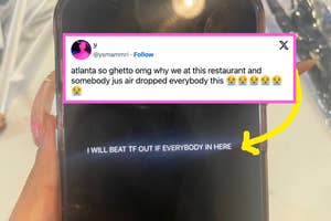 Tweet from @vsmammri: "atlanta so ghetto omg why we at this restaurant and somebody jus air dropped everybody this 😭😭😭😭😭". Below is a phone with a message: "I WILL BEAT TF OUT IF EVERYBODY IN HERE"