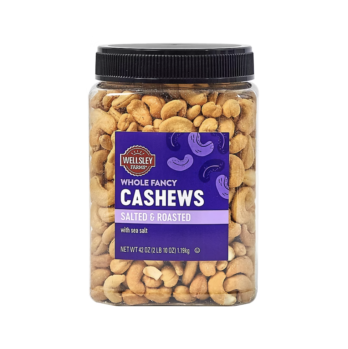 A large plastic container of Wellsley Farms Whole Fancy Cashews, Salted and Roasted, with sea salt; net weight is 42 oz