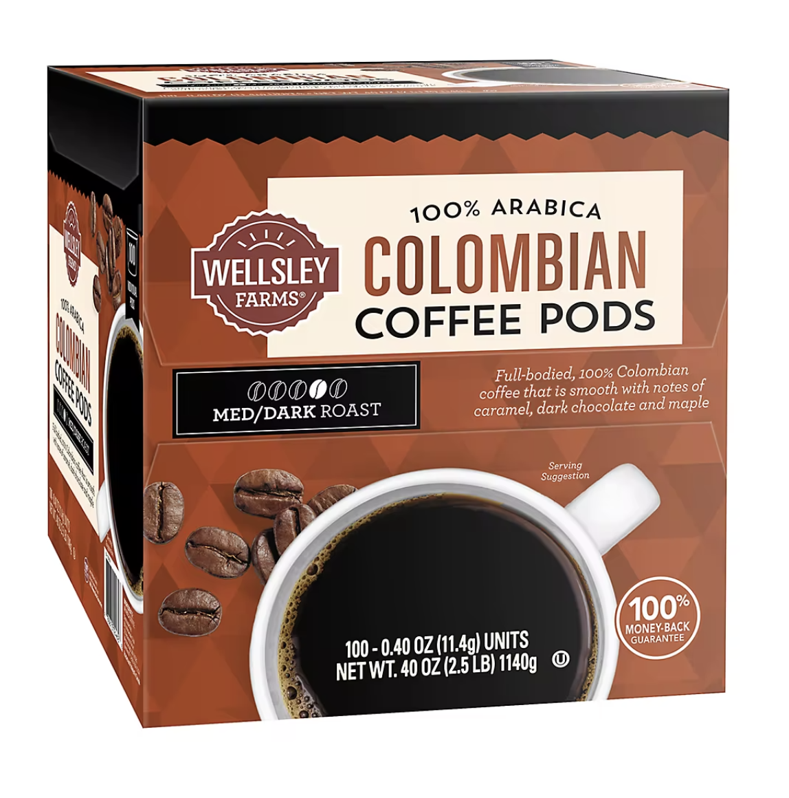 Wellsley Farms 100% Arabica Colombian Coffee Pods box, 110-count, with med/dark roast flavor notes of caramel, dark chocolate, and maple, 2.5 lbs