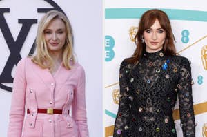Sophie Turner on the left wearing a buttoned outfit, and Sophie Turner on the right in a long-sleeve, embellished dress at an event