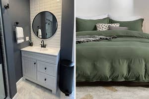 A modern bathroom vanity with a round mirror and a bedroom featuring an olive green bedspread and pillows