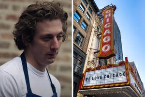 A man wearing a white shirt and blue apron looks down; next to him is a Chicago theater sign reading "WE LOVE CHICAGO."
