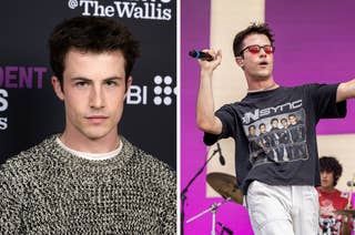 Dylan Minnette at a media event on the left. On the right, Dylan Minnette performs on stage wearing an NSYNC t-shirt and red sunglasses