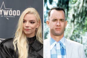 Anya Taylor-Joy in a leather jacket and Tom Hanks in a light-colored suit stand side by side