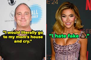 Jay Mohr wears a casual shirt with a quote saying, "I would literally go to my mom's house and cry." Chrishell Stause in a glamorous dress with a quote, "I hate fake ?."