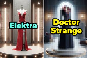 Mannequin displaying a sleek red dress labeled "Elektra" beside a pixelated image labeled "Doctor Strange" in a virtual setting