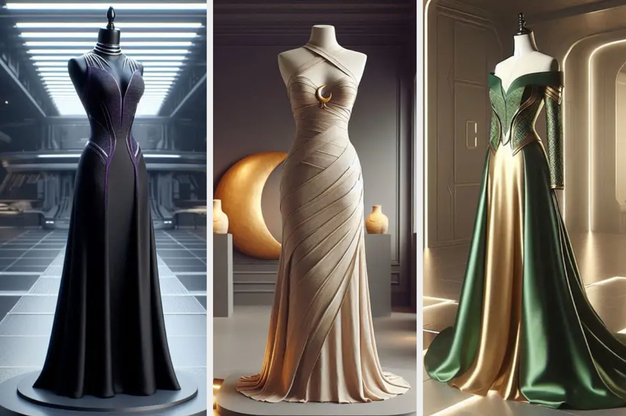 Three mannequins display elegant gowns. From left to right: a futuristic black gown, a beige gown with textured design and crescent moon, and a green and gold fantasy-inspired gown