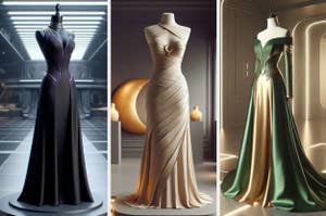 Three mannequins display elegant gowns. From left to right: a futuristic black gown, a beige gown with textured design and crescent moon, and a green and gold fantasy-inspired gown