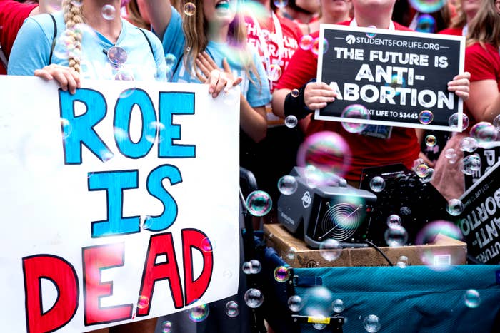 Protesters holding signs reading "ROE IS DEAD" and "The future is anti-abortion" amid bubbles