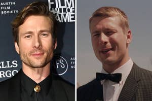 Glen Powell on the left in a black suit at Austin Film Society event; Glen Powell on the right in a scene wearing a formal suit with a bowtie