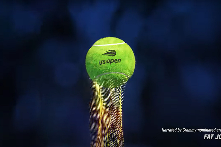 A US Open tennis ball is floating, with a shimmering net-like trail beneath it. Text reads: "Narrated by Grammy-nominated artist Fat Joe."