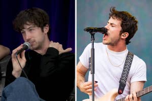 Left: Dylan Minnette speaking into a microphone with hand on neck. Right: Dylan Minnette performing on stage, singing into a microphone with a guitar