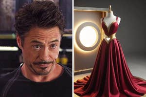 Robert Downey Jr. smirking in a black shirt; a deep red gown with gold accents and a heart-shaped cutout displayed on a mannequin