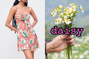 On the left, someone wearing a floral mini dress, and on the right, someone holding a bunch of daisies
