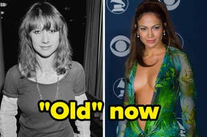 A side-by-side image comparing a black and white photo of Linda McCartney on the left and Jennifer Lopez wearing a green deep-V dress on the right