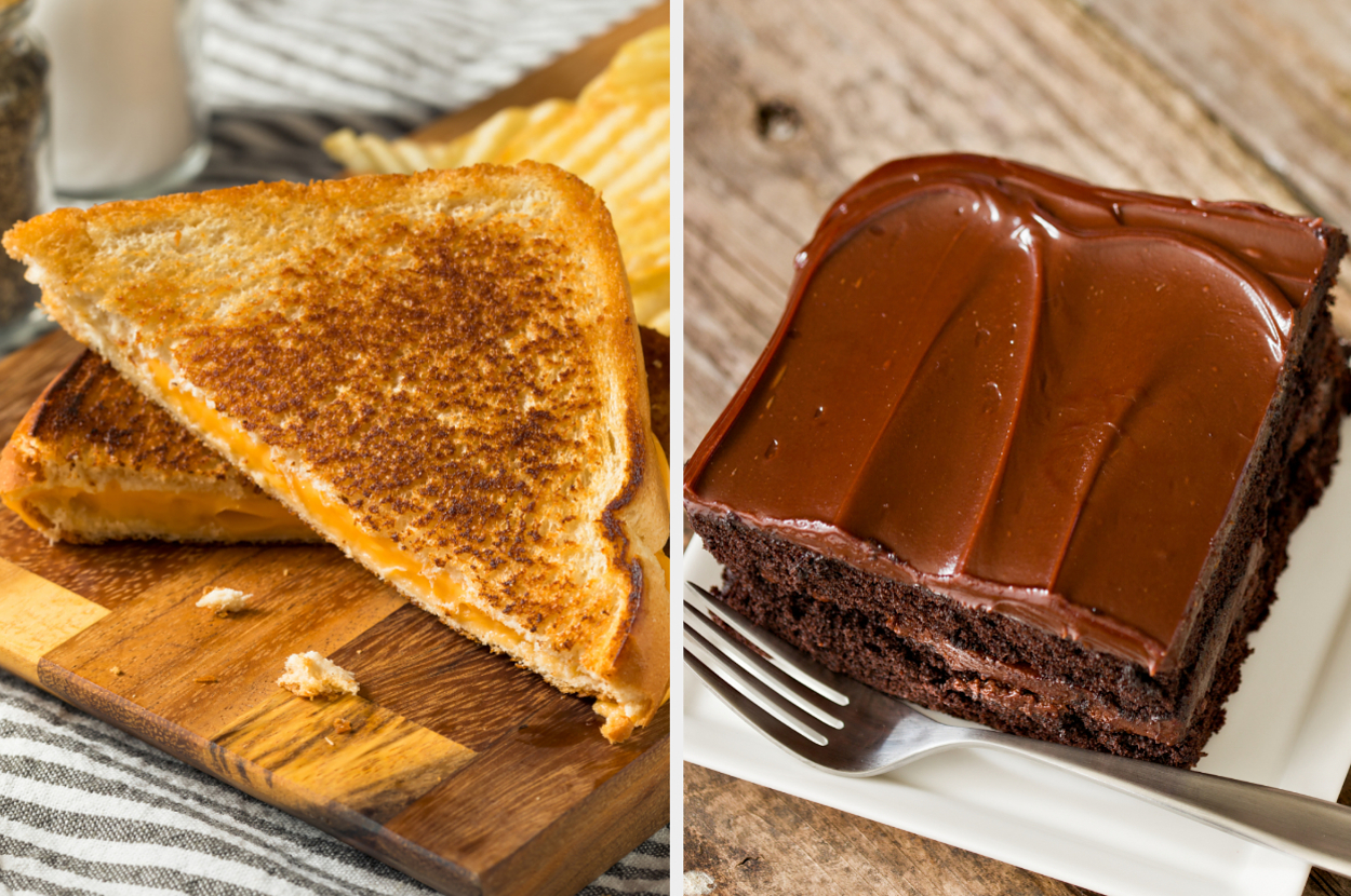 On the left, a grilled cheese sandwich cut into triangles, and on the right, a slice of chocolate cake