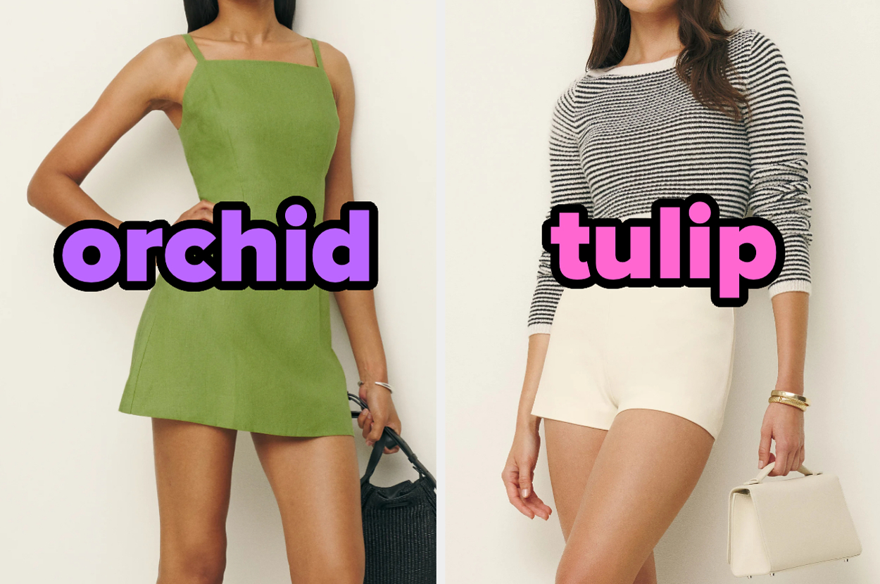 On the left, someone wearing a mini dress labeled orchid, and on the right, someone wearing high waisted shorts and a sweater labeled tulip